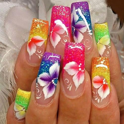 24Pcs Colorful Flower Press on Nails Coffin Long Fake Nails Glitt...