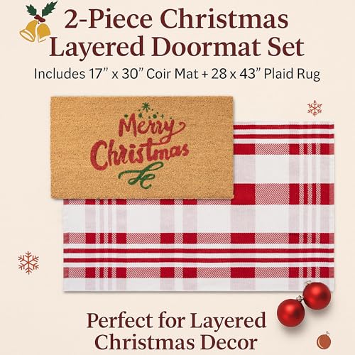 クリスマスドアマットコンボセット - 100%コココイアウェルカムマット + 28×43インチ 赤と白の斜めの格子縞ラグ、新年祝日、クリスマスコレクションドアマット 玄関玄関装飾用 [2]