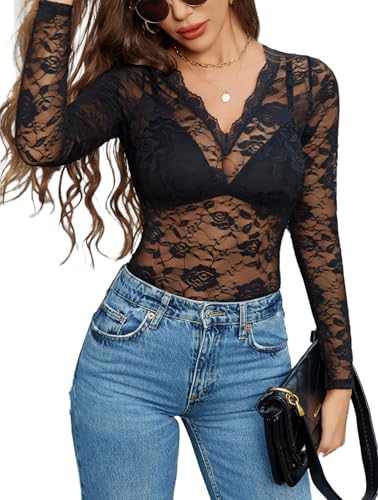 Avidlove Mesh Oberteil Damen Elegant Bluse Durchsehen Spitze Top Sexy Mesh Langarm Shirt Transparentes Lace Netzoberteil V-Ausschnitt Festival Outfit Rave Schwarz XXL