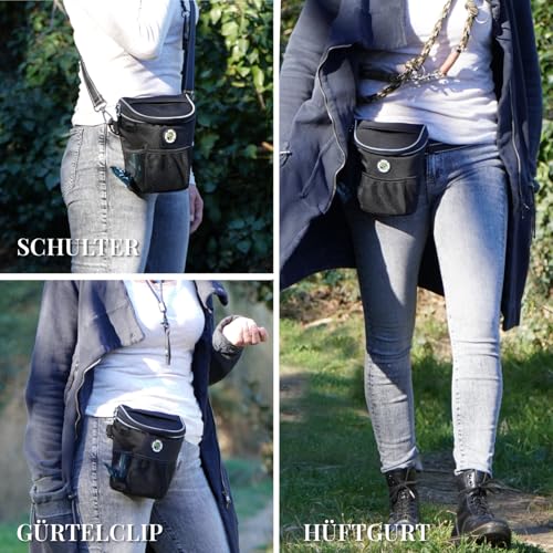 GIZZY® DAS ORIGINAL | Leckerlitasche für Hunde + REGENHAUBE | Leckerlibeutel für Hunde mit praktischer Einhand-Öffnung | Hunde Leckerlitasche für Training & Welpenerziehung | Gassi Tasche Hund [Schw.]