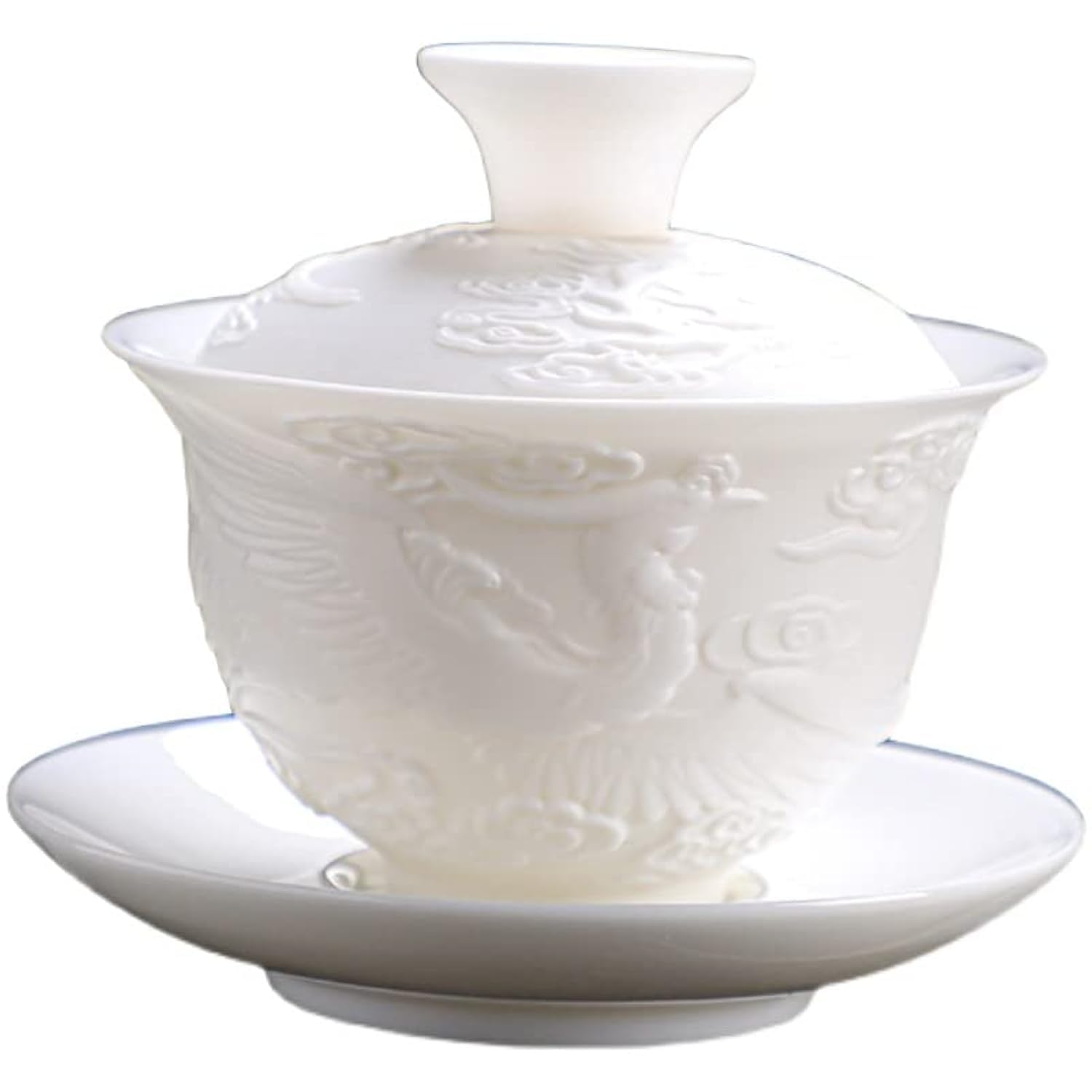 Relief Dragon Weiß Porzellan Gaiwan, Chinesisch geprägter Drachen-Stil Weiß Ceamic Gaiwan, Kung Fu Teeschale Traditionelle Teetasse (Phönix)