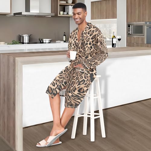 OTVEE Mens Summer Kimono Robe Brown Leopard Prints Long Sleeve Pajamas Thin Bathrobes4