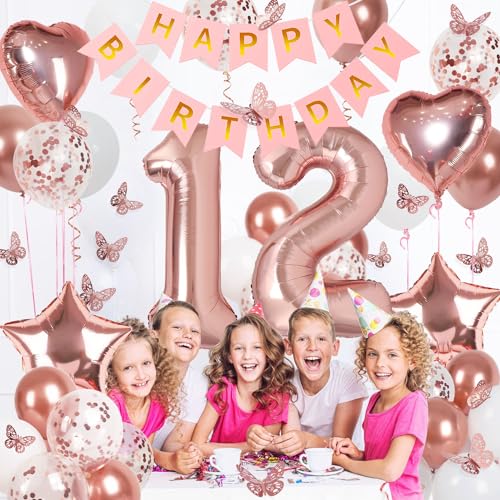 Image of Rose Gold 12th Birthday Decorations for Girl, 12 Year Old Sign with Happy Birthday Banner, 40In Number 12 Foil Birthday Balloons, Butterfly Decorations, Heart and Star Balloons
