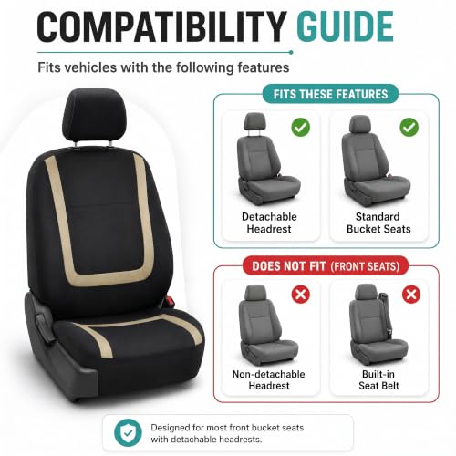 Image of FH Group Car Seat Covers Front Set in Cloth for Low Back Car Seats with Removable Headrest, Universal Fit, Automotive Washable for SUV, Sedan, Van Beige
