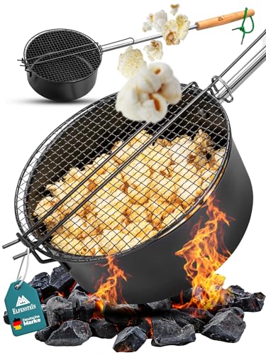 ELFENSTEIN Popcorn Maker Lagerfeuer aus hochwertigen Karbonstahl & Sicherheitsgriff, Outdoor Popcorn-Pfanne für Lagerfeuer, Grill und Feuerschale, Garten & Camping Zubehör für frisches Kino-Popcorn