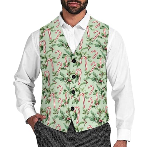 Candy Cane Christmas Pattern Suit Vest for Men Slim Fit Tuxedo Waistcoat Button Down V Neck Business Dress Coat