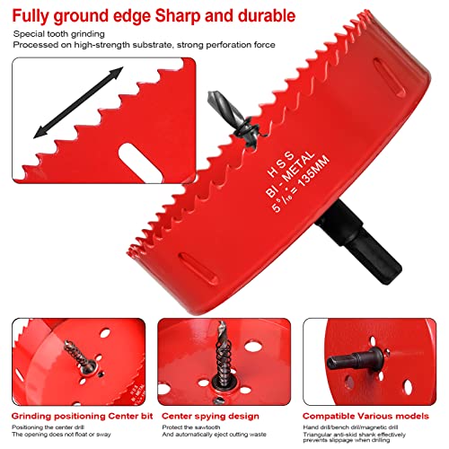 Lochsäge Bohrkrone 135mm Durchmesser, Bohraufsatz Lochbohrer aus Bi-Metall mit Trennbarem Bohrer für Holz und Kunststoffe, z.b. Trockenbau, Rigips, Kaminroh