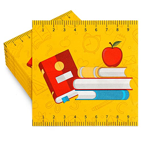 Image of Whaline 80 Pack Back to School Paper Napkins 6.5 x 6.5 Inch Ruler Scales Book Apples Prints Paper Napkins Yellow Disposable Luncheon Napkin for First Day of School Party Supplies Table Decoration