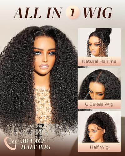 Image of Arabella Upgraded Half Wig Glueless Invisible Lace Hairline 3 in 1 Deep Curly Human Hair Wear & Go Wig 3D Cap HD Lace Seamless Blend Adjustable Drawstring Cap Beginner Friendly 20 Inch Natural Black