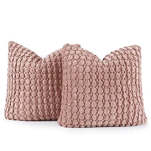 Set Of 2 Boho Pillow Covers 24X24 Decorative Farmhouse Pillow Covers Quilted Velvet Square Cushion Covers Soft Bubble Texture Euro Shams For Couch Sofa Bed Bedroom Car Living Room , Leather Pink #TOP7