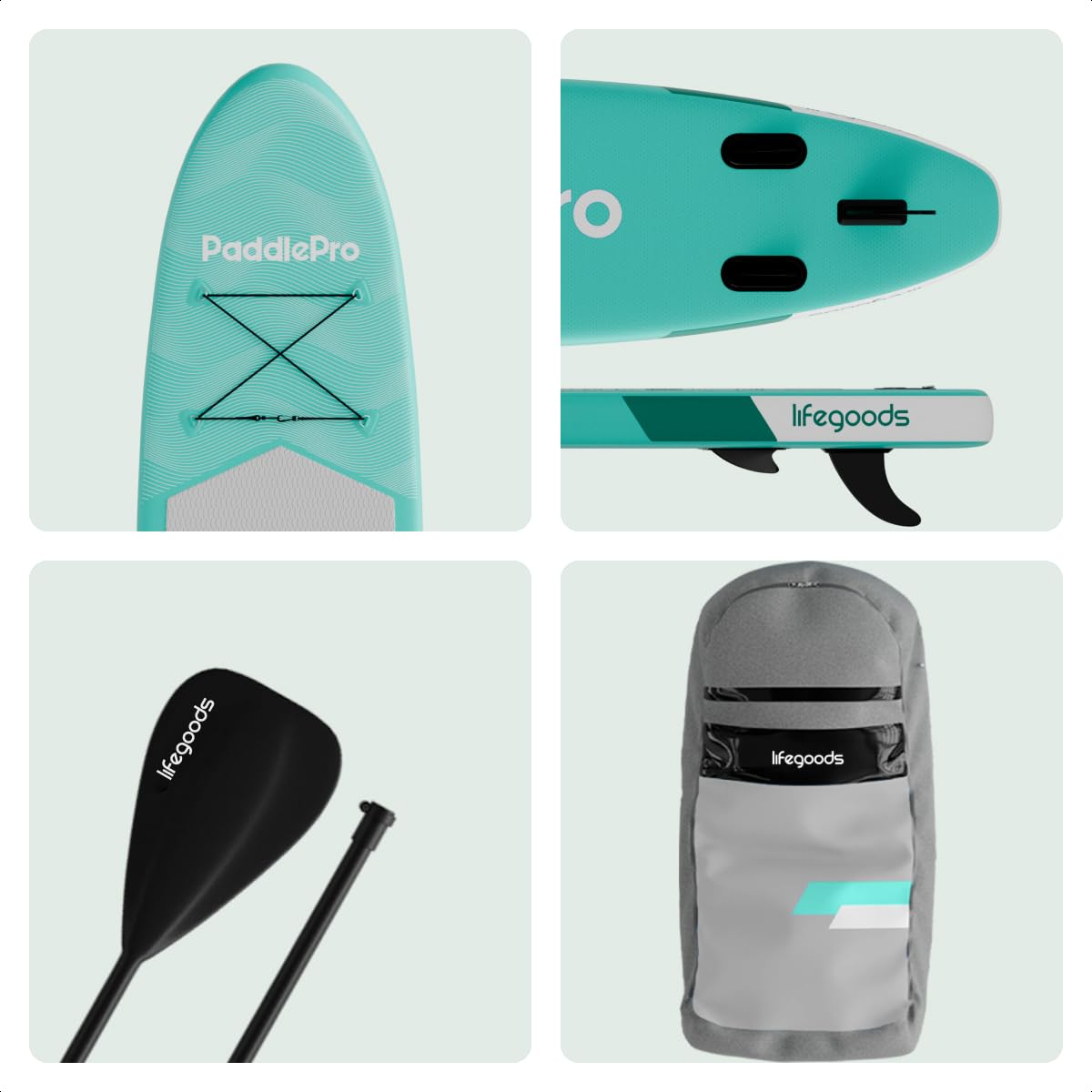 LifeGoods Paddle Gonflable Adulte - Stand Up Paddle Board - Set Complet - Pagaie Réglable - Pompe Incluse - Max. 100KG - 300x76x15cm