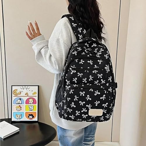cute Bow Backpack Set for Women Cute Kawaii Aesthetic Preppy Daypack with Lunch Bag & Pencil Pouch backpack with pink bows (Black)3