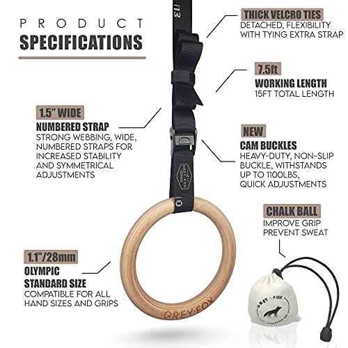 New Grey Fox Premium Numbered 1.1" Wooden Gymnastic Rings with Adjustable Straps Olympic Size: Chalk, Non-Slip Buckle |Full Body Suspension |Bodyweight Calisthenics |Home Gym Equipment |Fitness Gifts - Image 3