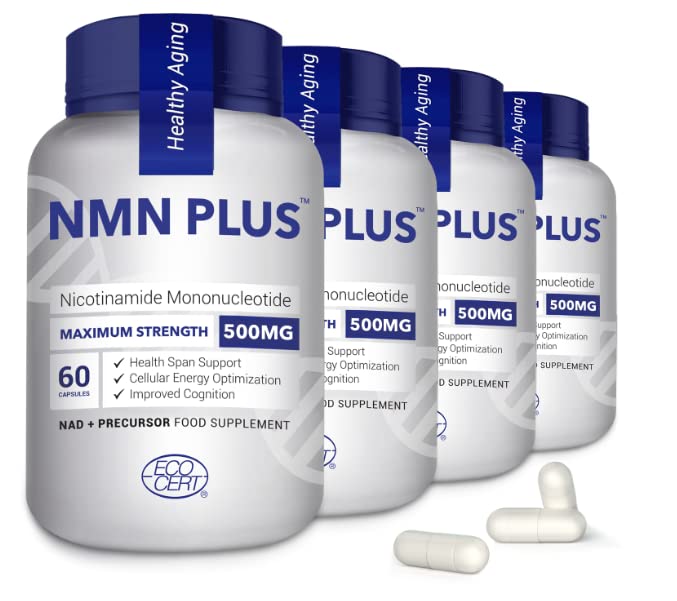 Maximum Strength NMN Capsules, 500mg nmn Supports Immune Health , Naturally Boost NAD+ Levels for Mental Performance & Anti Aging, Nicotinamide Mononucleotide Supplement 60 Capsules (4pack)