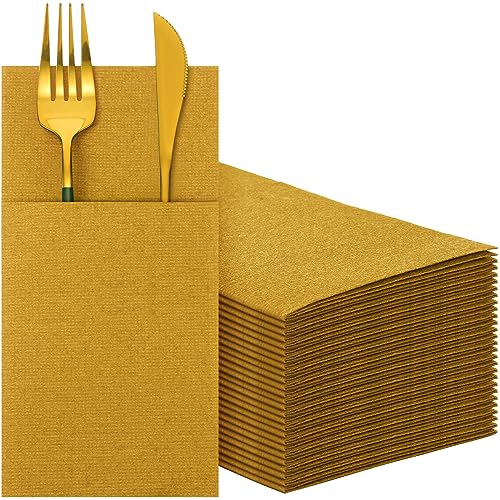 Cindeer 75 Pcs Gold Linen Dinner Napkins with Built in Flatware