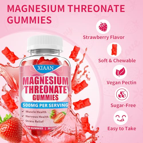 XIAAN Magnesium L-Threonate Gummies 500mg, Suagr-Free Magnesium Threonate Supplement for Kids & Adults Muscle & Nervous Health Support, Strawberry Flavor 120 Count