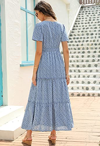Zattcas Womens 2023 Summer Casual Long Dress Short Flutter Sleeve V Neck Smocked Waist Tiered Flowy Modest Floral Boho Maxi Dress Blue M #TOP2