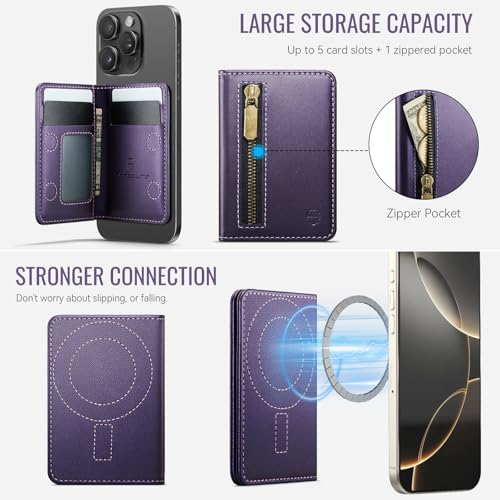 Strapurs Magnetic Card Holder Compatible with MagSafe Phones and Cases, PU Leather Phone Wallet for iPhone 17/16/15/14/13/12/Pro/Max/Plus/Air, 4 Card Slots RFID Blocking with Zipper Pocket - Purple by Strapurs - Used condition - Image 3