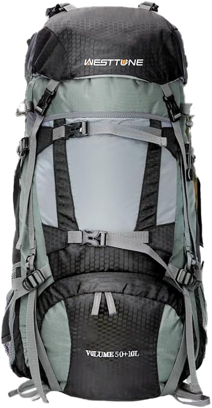 60L Outdoor hiking backpack with internal frame, including rain cover, cyan
