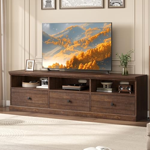 Garvee 70 Inch Mid-Century Modern TV Stand for 65/70/75 in TV, Entertainment Center with 3 Storage Drawers & Open Shelves, Media Cabinet for Living Ro