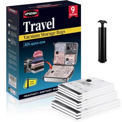 Image of UPGOGO Travel Vacuum Bags for Luggage with Hand Pump,Vacuum Seal Bags for Clothing,Packing Cubes Compression,Cruise Ship and Travel Essentials(Combo 9 Pack)
