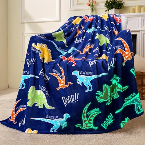 Joiedomi Glow in The Dark Blanket Dinosaur Toys for Kids 3-5 Dinosaur Gifts Toys for Age 2 3 4 5 6 7 8 9 10 11 12 Year Old Soft Cozy Flannel Kids Throw Blanket Birthday 5060