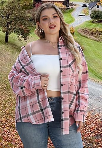 Womens Plus Size Buffalo Plaid Flannel Shirt Long Sleeve Collar Button Down Blouses Loose Lightweight Tops4