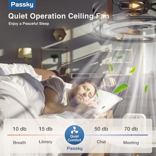 Image of Passky 20 inch Farmhouse Flush Mount Ceiling Fans with Lights and Remote, Industrial Black Caged Low Profile Fandelier, 6 Speeds Bladeless Ceiling Fan for Bedroom, Kitchen, Living Room