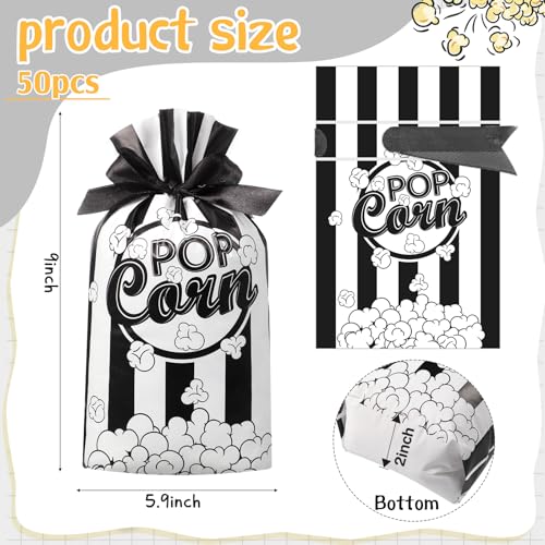 Image of 50 Pcs Popcorn Plastic Bags Circus Carnival Party Goodie Bags Bulk Movie Night Popcorn Container for Carnival Movie Night Theater Halloween Party Supplies (Black)