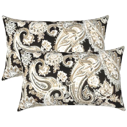 LVTXIII Outdoor Lumbar Pillow Covers Only Set of 2 Patio Decorative Pillow Cases, Water Repellent Lumbar Cushion Cases for Sofa, Patio Couch Garden Use, 12x20 Inch, Paisley Black