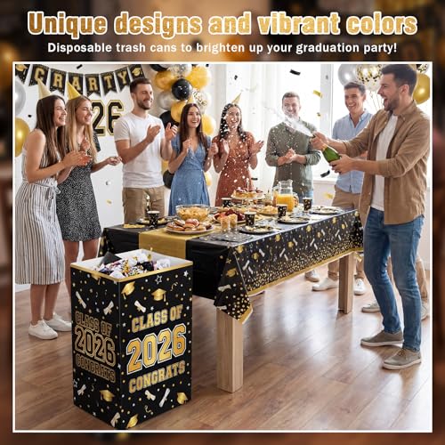 Tinlade 6 Pack 2026 Black and Gold Graduation Decoration 13 Gallon Disposable Trash Cans for Parties Class of 2026 Garbage Pop up Trash Can Home Recycle Bins Large Foldable for Graduation Party by Tinlade - Used condition - Image 5