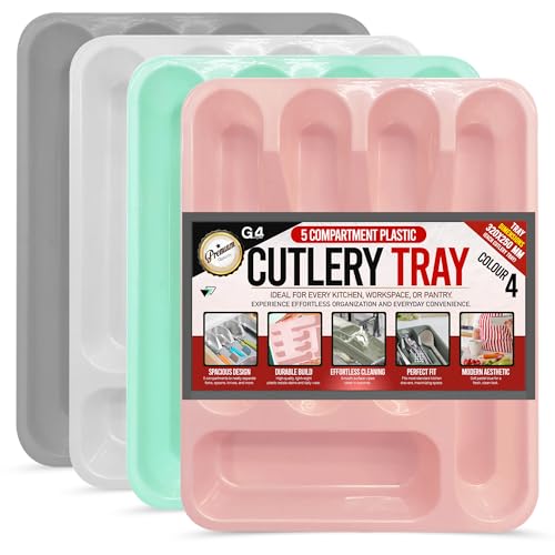 G4GADGET Bandeja organizadora de cubiertos de 5 compartimentos, color aleatorio, plástico duradero, soporte antideslizante para utensilios de cocina