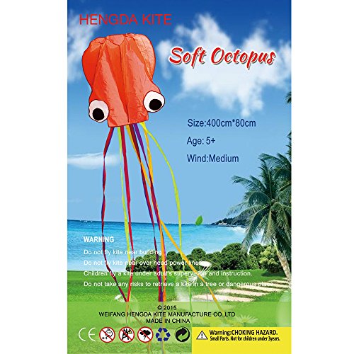 Hengda Kite Software Octopus Flyer Kite With Long Colorful Tail For Kids, 31-Inch Wide X 157-Inch Long, Large, Orange #TOP6