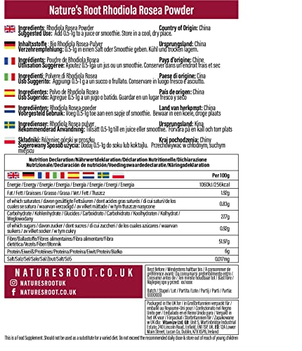 Nature’s Root Rhodiola Rosea Powder 250g - Adaptogenic Superfood | Energy Booster| Golden Root | 100% Vegan | High-Dose