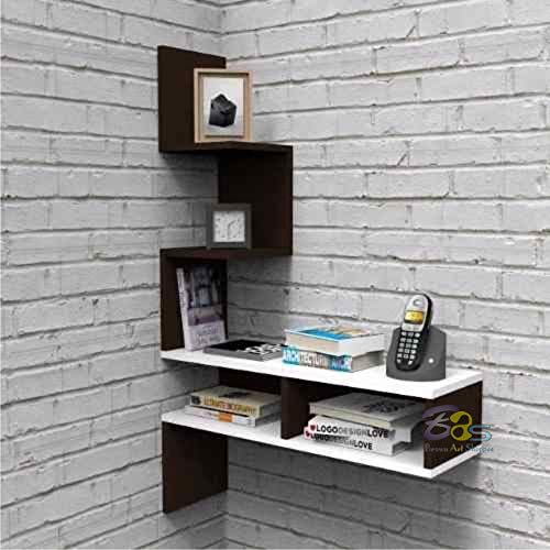 Decorative Big Zigzag Corner Engineered Wood Wall Mount Floating Wall Shelves (Brown and White)