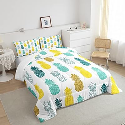 Pineapple Bedding Sets Tropical Fruit Print Comforter Teal Yellow Fresh Pineapple Quilt Set Full Size,for Children Boy Girl Teen Kids - Includes 1 Comforter, 2 Pillow Cases