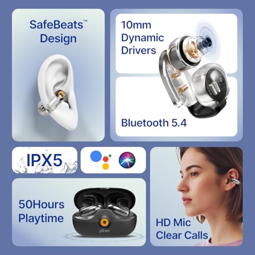 pTron Store pTron Bassbuds Vortex Clips Wireless Open Ear Earbuds - Image 4
