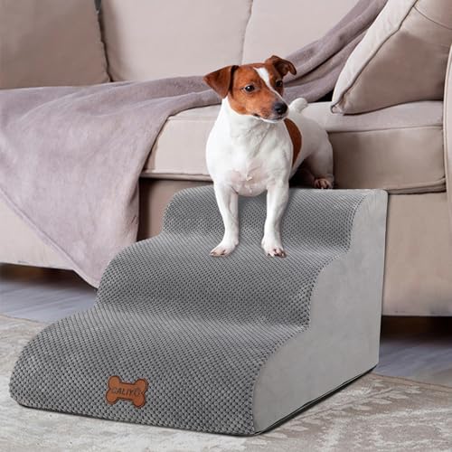 CALIYO Hundetreppe 3 Stufen，Hundetreppe für Kleine Hunde,Treppe für Hunde aus Hochdichtem Schwamm,Haustiertreppe Mit waschbarem Bezug und rutschfestem Boden(60 * 40 * 40CM,Grau)