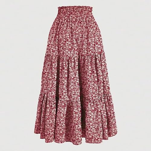 Womens Skorts Floral Maxi Pleated Skirt Tiered Drawstring Elastic High Waisted A Line Vacation Boho Flowy Ruffle Skirt4