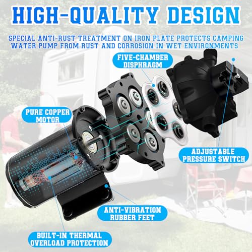Image of RV Water Pump,6.5GPM 70PSI 12V DC Fresh Water Pump, Five Chamber Self-Priming Diaphragm Water Pump,Water Pressure Pump with Pressure Switch,for RV, Garden, Yacht, Camping，Marine.