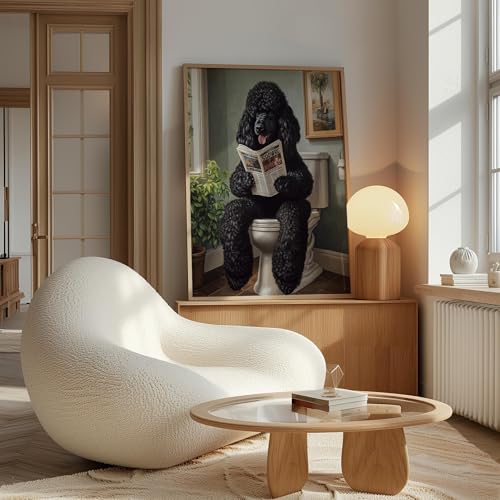 Image of Poodle Black on Toilet Wood Framed Wall Art Print Poster, Dog Bathroom Humor Decor Posters Prints for Restroom Home Picture Painting Artwork Gallery 7 (Poodle Black, 10 inchL x 8 inchW, Wood Frame)