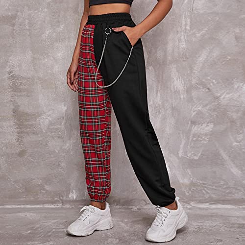 Women Baggy Y2k Straight Leg Cargo Pants Punk Pockets High Waist Chain Casual Plaid Trousers Pants3