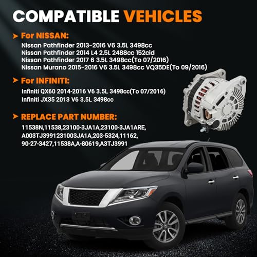 Image of 11538 150A Alternator for Nissan Pathfinder Murano Infiniti QX60 3.5L | Fits JX35 2013, QX60 2014-2016, Pathfinder 2013-2016 and Murano 2015-2016; 7-Groove, Replaces 23100-3JA1A