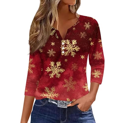 Image of Women Christmas Shirt 3 /4 Length Sleeve Henley Tops Xmas Outfits