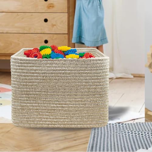 Image of Square Woven Cotton Rope Basket for Organizing, Gift Baskets for Handles, Empty Gift Baskets, Toy Basket for bins|13.5 inch x 11 inch x 9.5 inch home decor for Living Room, Bathroom（Flax and White）
