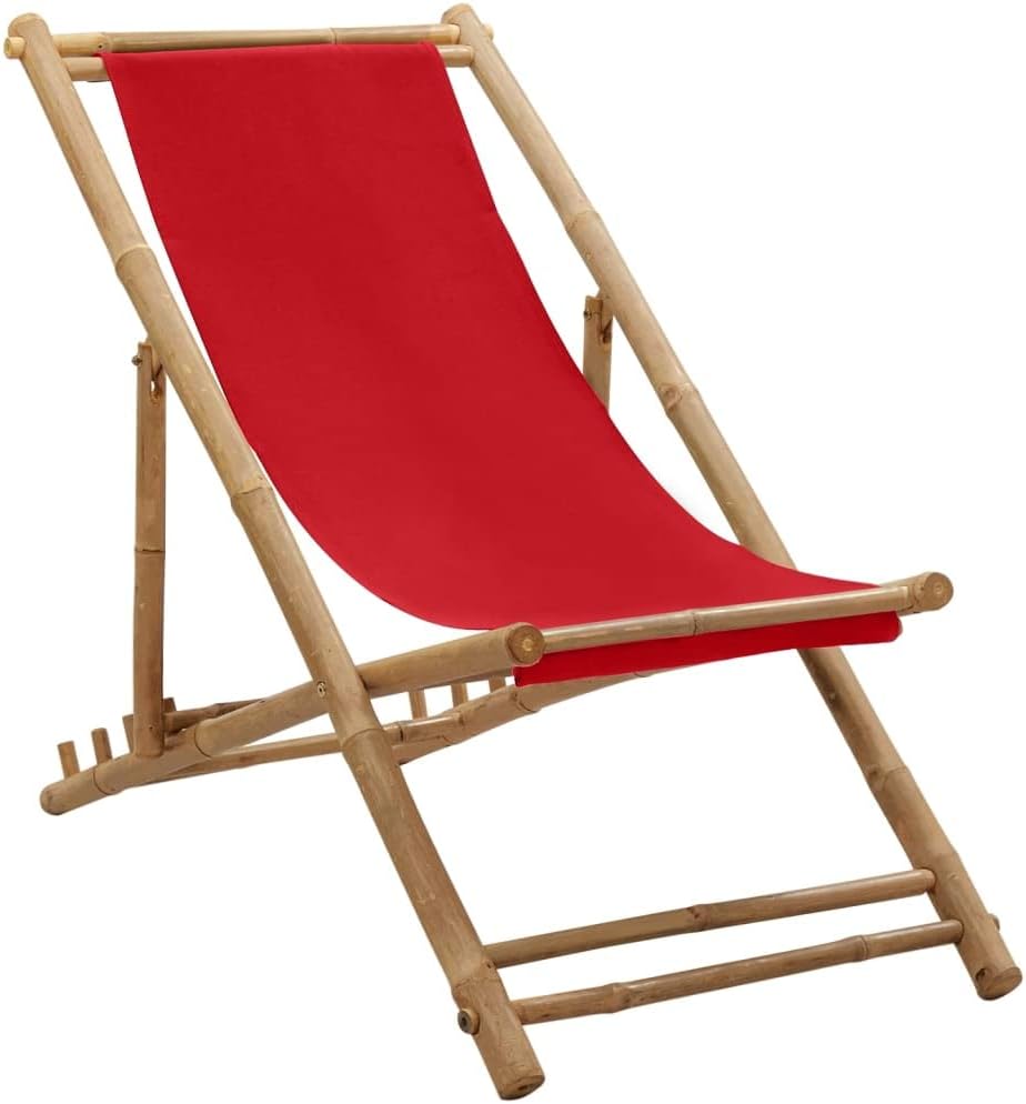 Red Canvas & Bamboo Deck Chair – 4-Position Adjustable Folding Sling Chair for Patio, Balcony, Garden, and Beach