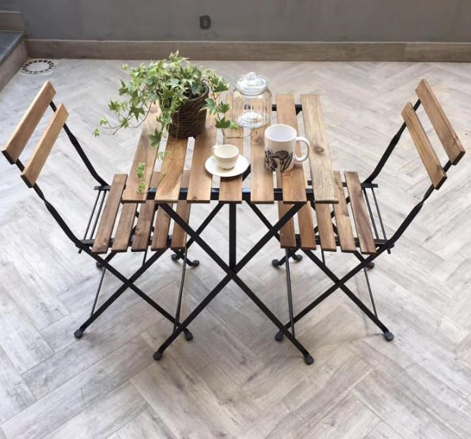 Garden Bistro Set Rustic Wooden Patio Furniture Outdoor Cafe Pub Metal Folding 2 Chairs Solid Wood Dining Coffee Side Table Balcony Deck 3 pc Lounge Seater