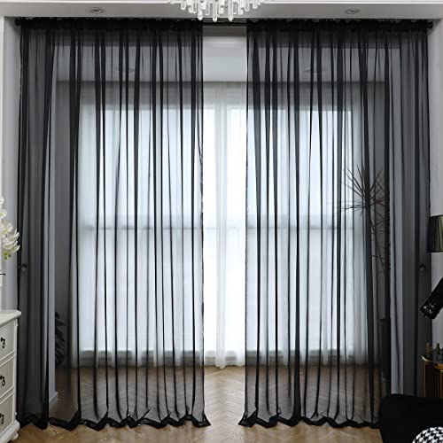 Image of Window Black Sheer Curtains 84 Inches Long 2 Panels Sheer Curtain Basic Rod Pocket Panel for Bedroom Children Living Room Yard Kitchen (Black, 52 inch W x 84 inch L | 2 pcs)