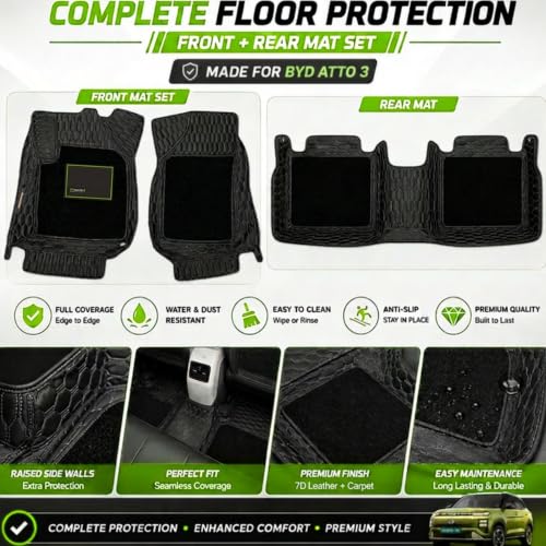 Image of EV MASTER Premium 7D Car Floor Mat Full Set for BYD Atto 3 Hybrid (2026 Onwards) Luxury Leather Double Car Foot Mats Complete Set of 3 | Waterproof and Washable