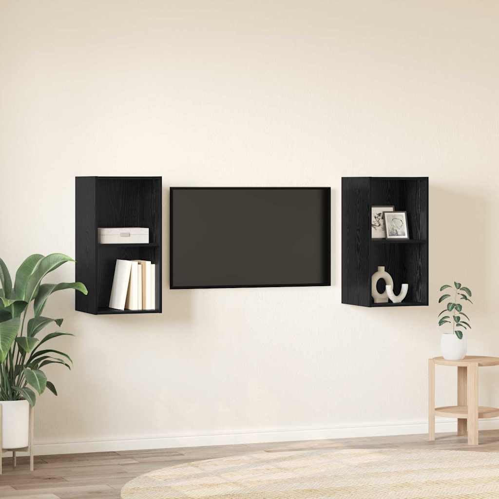 TV-Schrankset 2er-Pack Wandmontiert, Schwarz Eichen-Optik, 37x37x72 cm, Rustikales Design für Wohnzimmer, Media Center mit Stauraum